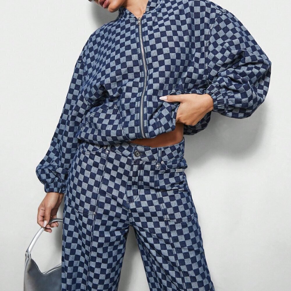 Blue Casual Women's Denim Checkboard Bomber Zip Through Jacket